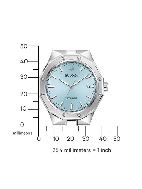 Bulova 96B462 Men's Automatic Watch – Light Blue Dial, 40mm Steel Case, Sapphire Crystal