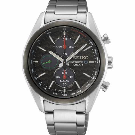 Seiko SSC803P1 Solar Chronograph Herrenuhr - Schwarzes Zifferblatt, Edelstahlarmband