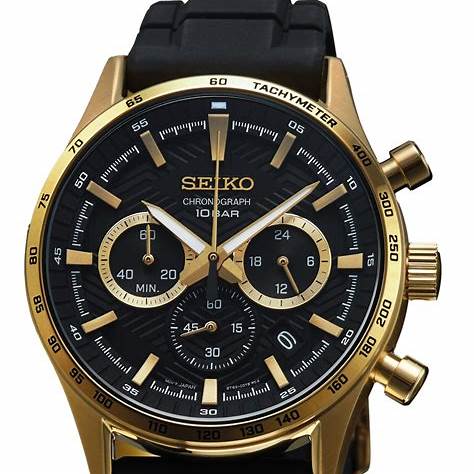 Seiko Chronograph SSB446P1 Quartz Men's Watch - Black Dial, Gold-Tone Case, Silicone Strap