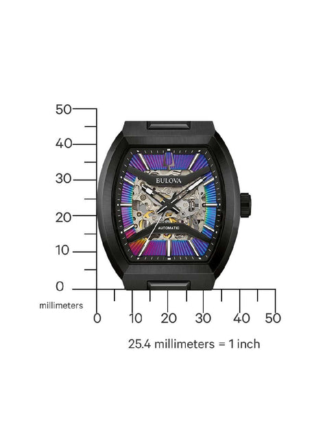 Bulova 98A320 Maquina Skeleton Watch – Black Stainless Steel, 40mm, Rainbow Dial