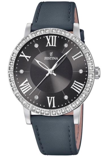 Festina Boyfriend F20412/4 Ladies’ Watch – Black Dial with Crystals, Leather Strap