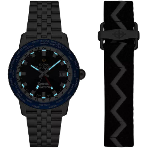 Zodiac x Rowing Blazers Super Sea Wolf GMT World Time ZO9414 Men's Automatic Watch - Black Dial, Stainless Steel Bracelet