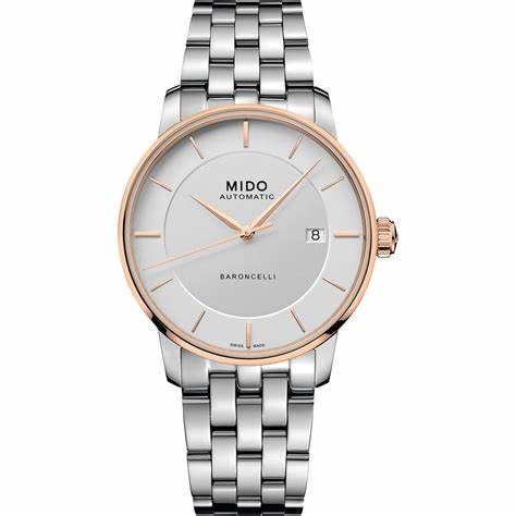 Mido Baroncelli Signature Gent M037.407.21.031.00 Orologio automatico da uomo - Quadrante argento, PVD oro rosa, bracciale in acciaio inossidabile