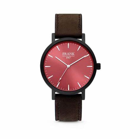 Frank 1967 7FW-0010 Men's Watch - Dark Brown Leather Strap, Red Dial, 42mm