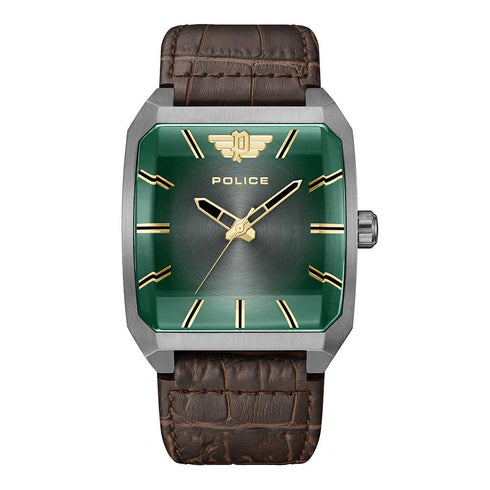 Police Omiao PEWJA0006003 Men’s Square Watch – Green Dial, Brown Leather, 39 mm