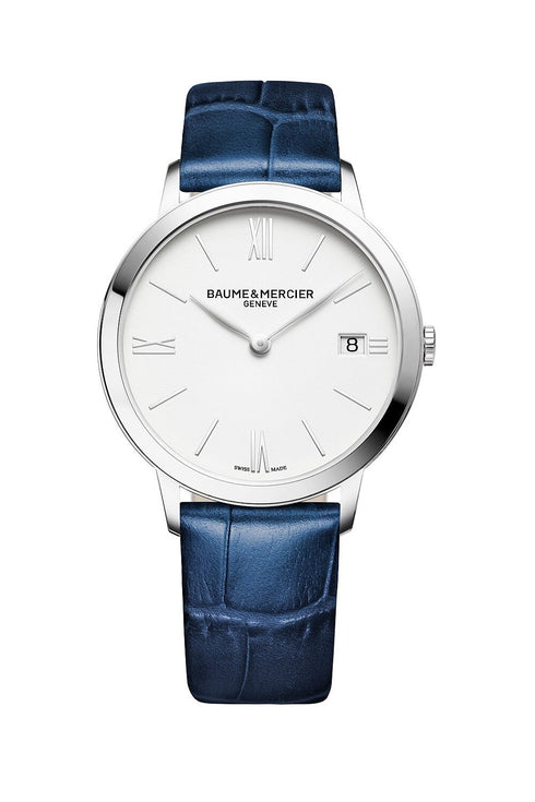 Orologio al quarzo da donna Baume & Mercier Classima MOA10355 - Cassa in acciaio inossidabile da 36,5 mm, quadrante bianco, cinturino in pelle blu