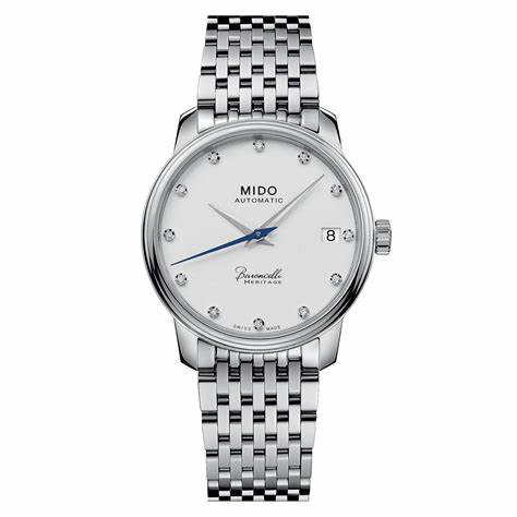 Mido Baroncelli Heritage Lady M027.207.11.016.00 Orologio automatico da donna - Quadrante bianco, indici con diamanti, bracciale in acciaio inox