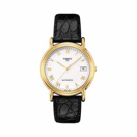 Tissot T-Gold Carmel T71.3.434.13 – 18K Yellow Gold Case, White Dial, Black Leather Strap