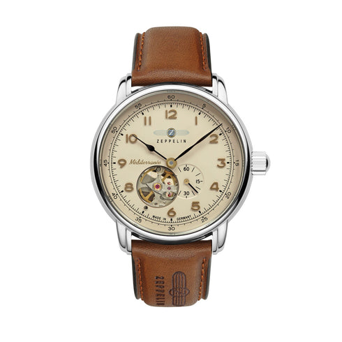 Zeppelin Méditerranée 9666-5 Orologio automatico da uomo - Quadrante beige, design a cuore aperto, cinturino in pelle marrone