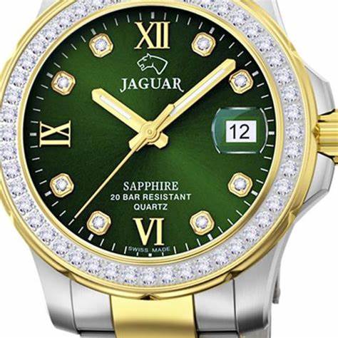 Jaguar Women's Swiss Quartz Watch - Model J893/3, Two-Tone Stainless Steel, Green Dial, Crystal Accents