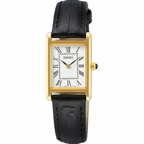 Seiko SWR054P1 Orologio rettangolare da donna in oro con cinturino in pelle nera