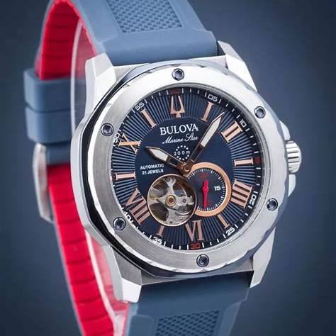 Bulova Marine Star 98A282 Men's Automatic Watch – Blue Dial, Blue Silicone Strap