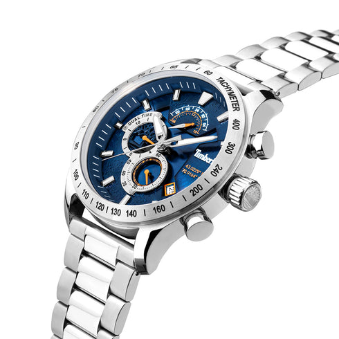 TIMBERLANDTimberland Nickerson TDWGK2100205 Men's 49mm Blue Dial Dual Time Quartz Watch – Silver Stainless Steel BraceletWATCHESEcecile