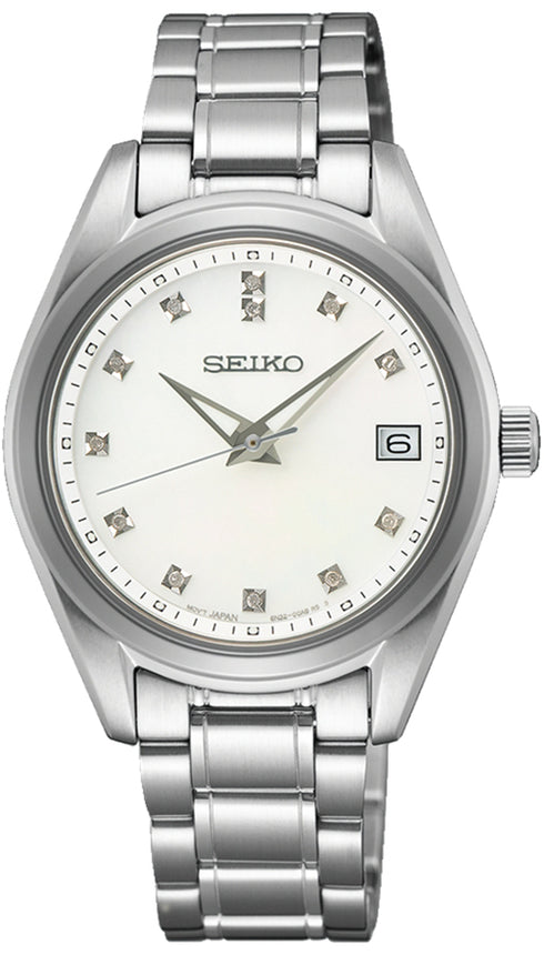 Orologio al quarzo Seiko da donna SUR579P1 - Cassa in acciaio inossidabile da 32 mm, quadrante in madreperla con indici di diamanti, vetro zaffiro