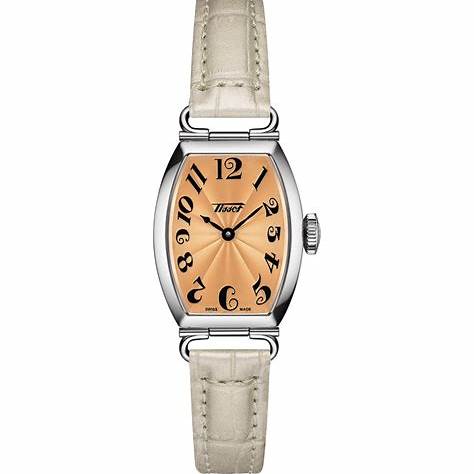 Tissot Heritage Porto Small Lady Women's Watch - Orange Guilloché Dial, Stainless Steel Tonneau Case, Grey Leather Strap