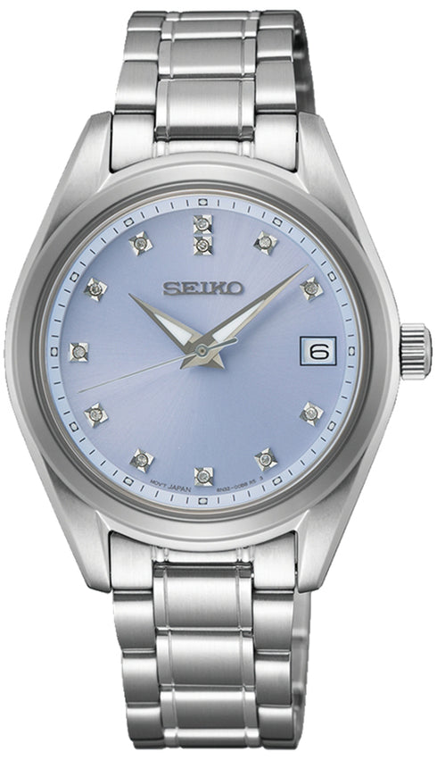 Orologio al quarzo Seiko da donna SUR581P1 - Cassa in acciaio inossidabile da 32 mm, quadrante blu chiaro con indici di diamanti, vetro zaffiro