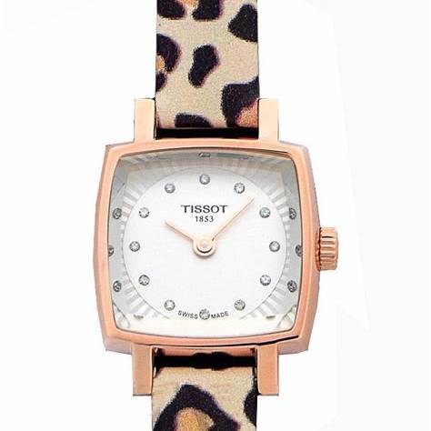 Reloj Tissot Lovely Square T0581093703600 para mujer: caja de oro rosa y correa con estampado de leopardo.