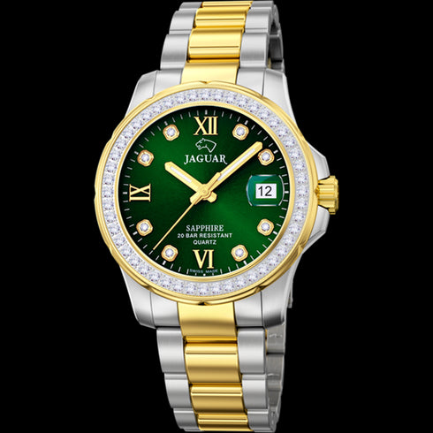 Jaguar Women's Swiss Quartz Watch - Model J893/3, Two-Tone Stainless Steel, Green Dial, Crystal Accents