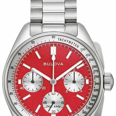 Bulova Lunar Pilot 96K115 Men's Chronograph Watch – Red 'Blood Moon' Dial, Stainless Steel Bracelet