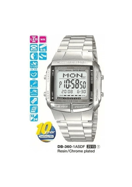 CASIO & VINTAGECasio DB - 360 - 1ADF Men's Databank Digital Watch, Silver - Tone Stainless Steel BandWATCHESEcecile