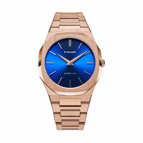 D1 Milano Ultra Thin Petite Geo D1-UTBL12 Orologio da donna - Acciaio inossidabile oro rosa, quadrante blu a raggi di sole, 34mm