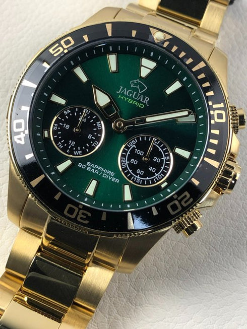 Orologio svizzero ibrido Jaguar da uomo - Modello J899/1, acciaio inossidabile tonalità oro, quadrante verde, funzioni intelligenti