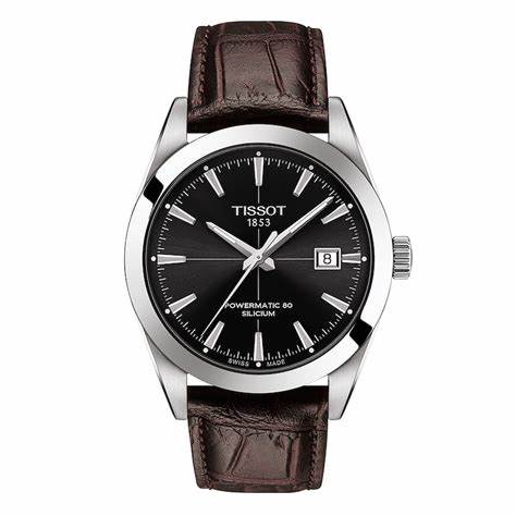 Tissot Gentleman Powermatic 80 Silicium Men's Watch - Black Dial, Stainless Steel Case, Brown Leather Strap