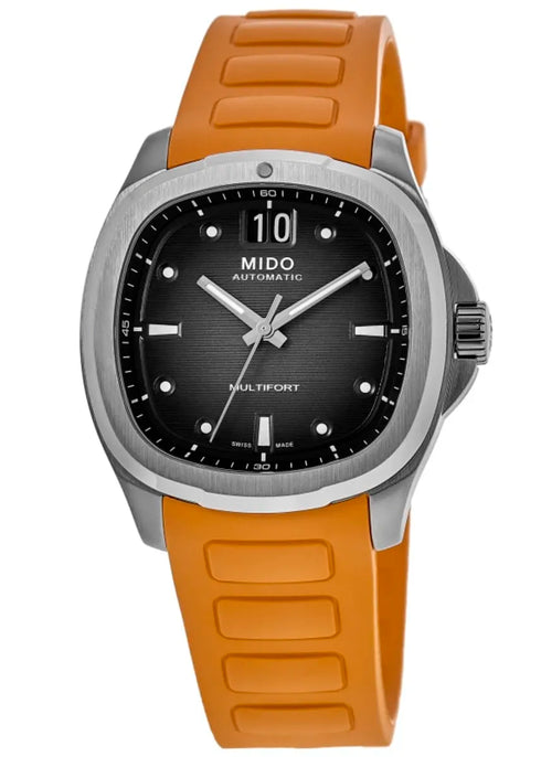 Orologio automatico da uomo Mido Multifort TV Big Date - Quadrante grigio sfumato, cinturino in gomma arancione