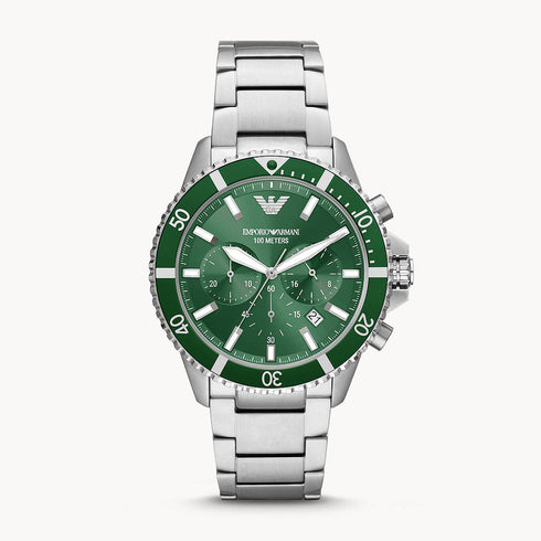 Emporio Armani AR11500 Men's Diver Chronograph Watch - Green Dial, Steel Bracelet