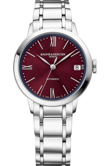 Baume & Mercier Classima MOA10691 Women's Automatic Watch – 34mm Stainless Steel Case, Burgundy Dial, Date Display, Stainless Steel Bracelet