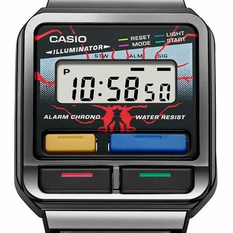 Casio A120WEST-1AER Unisex Digitaluhr – Stranger Things Edition, Mehrfarbige Tasten, Illuminator