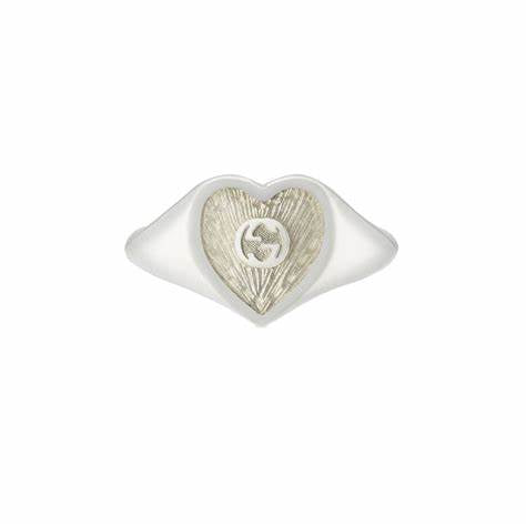 Gucci Interlocking G White Enamel Heart Sterling Silver Ring - Size 6