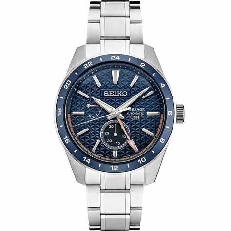 Seiko Presage SPB217J1 Men's Automatic GMT Watch - 42.2mm Stainless Steel Case, Blue Asanoha Dial, Power Reserve Indicator