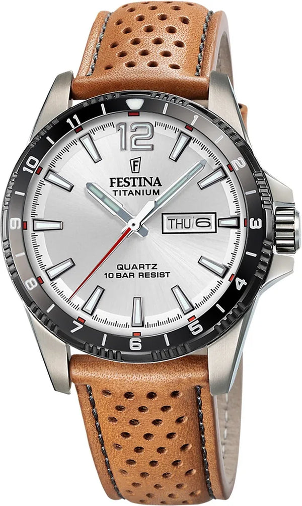 Festina F20699/1 Men’s 43 mm Quartz Titanium Watch – Silver Dial, Day‑Date Display, Leather Strap