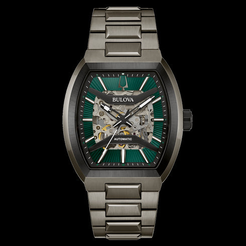 Bulova 98A321 Men's Maquina Automatic Watch – Green Skeleton Dial, 40mm Gunmetal Case