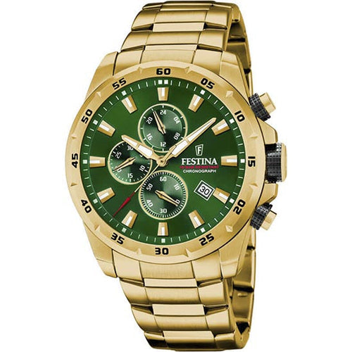 Festina F20541/3 Chrono Sport – 45 mm Gold PVD, Green Dial, Chronograph