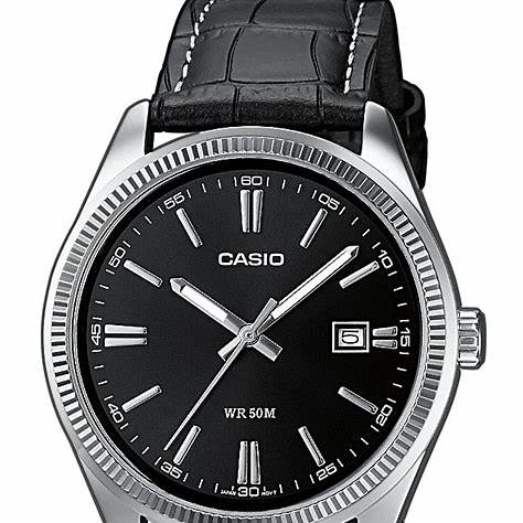 Casio MTP-1302PL-1AVEF Herren Analog Uhr – Schwarzes Zifferblatt mit echtem Lederarmband