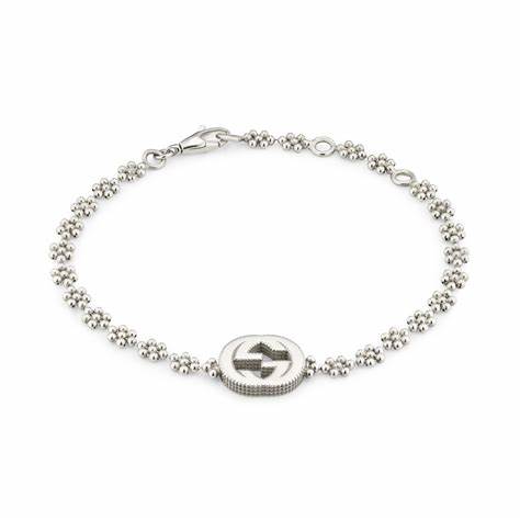 Gucci Interlocking G Sterling Silver Bracelet with Flower Motifs - Adjustable Length