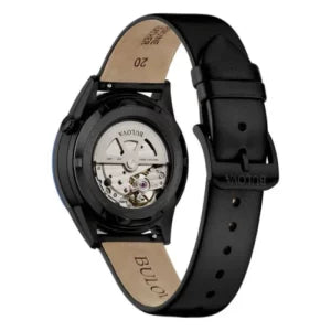 Bulova 98A323 Men's Automatic Watch – Black PVD Case, Open Heart Dial, Leather Strap