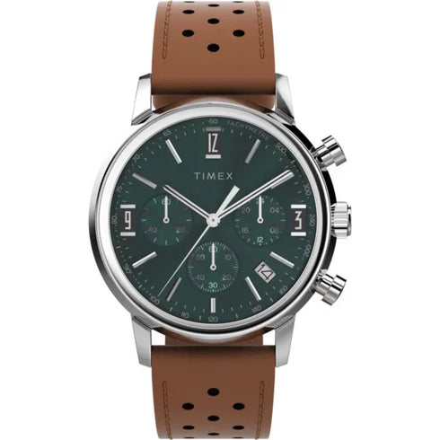 Timex TW2W10100A Men’s Marlin Chronograph Tachymeter 40 mm Green Dial & Brown Leather