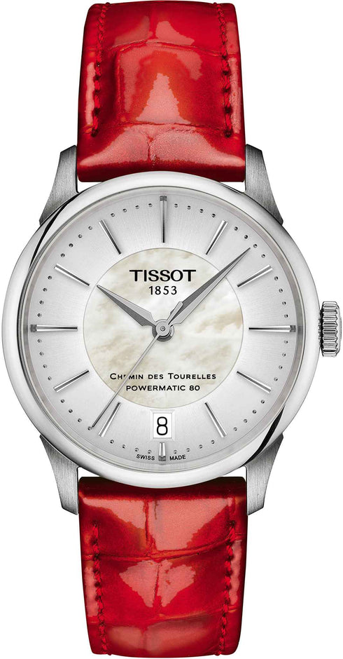 Tissot Chemin des Tourelles Powermatic 80 Women's Watch T1392071611100 - 34mm, Mother-of-Pearl Dial, Red Leather Strap