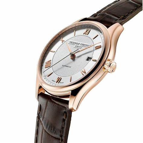 Frederique Constant Classics Index Automatic FC-303MV5B4 Montre Homme - Cadran argenté, boîtier or rose, bracelet cuir marron