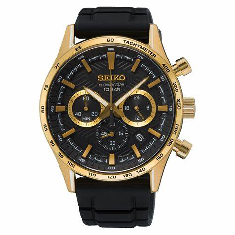 Seiko Chronograph SSB446P1 Quartz Men's Watch - Black Dial, Gold-Tone Case, Silicone Strap