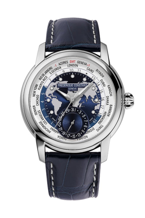 Frederique Constant Classics Worldtimer Manufacture FC-718NWWM4H6 - Cassa in acciaio inossidabile 42 mm, quadrante blu, movimento automatico