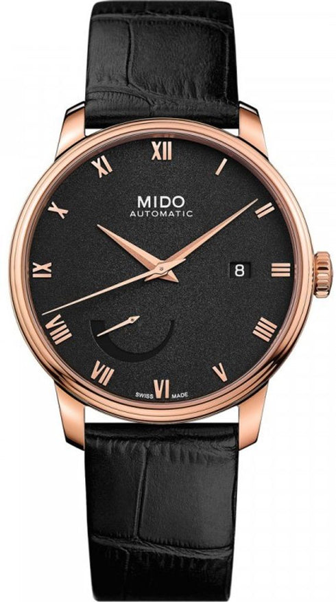 Mido Baroncelli Power Reserve M027.428.36.053.00 Orologio automatico da uomo - Quadrante nero, cassa in acciaio inossidabile con trattamento PVD oro rosa, cinturino in pelle nera