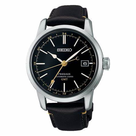Seiko Presage SPB447J1 Orologio automatico GMT con quadrante laccato Urushi - Quadrante nero, cinturino in pelle nera
