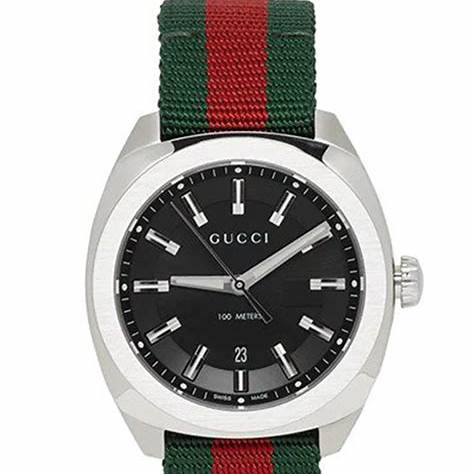 Gucci GG2570 YA142305 Men's Watch – Black Dial, Green-Red Nylon Strap