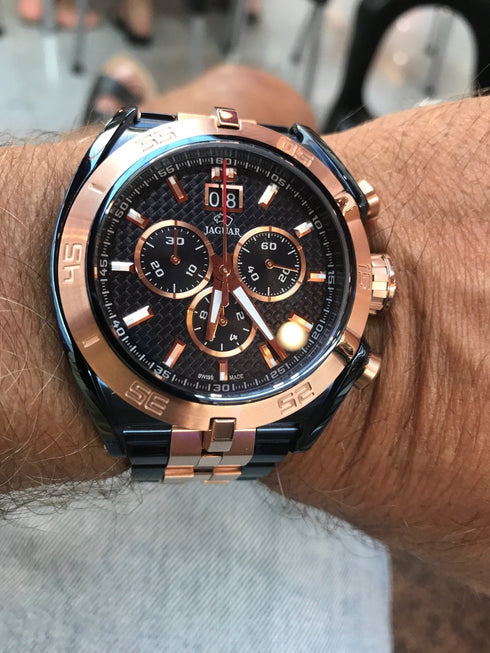 Jaguar Men's Swiss Quartz Chronograph Watch - Model J810/1, Blue and Rose Gold PVD Stainless Steel Case, Blue Dial, Sapphire Crystal