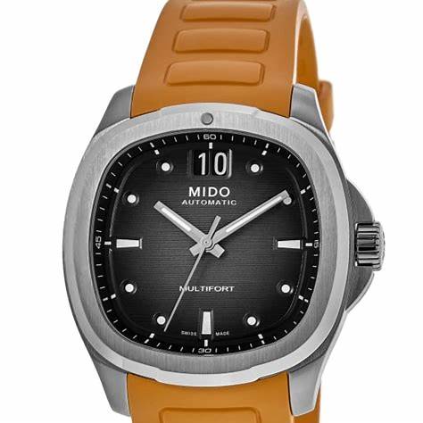 Orologio automatico da uomo Mido Multifort TV Big Date - Quadrante grigio sfumato, cinturino in gomma arancione