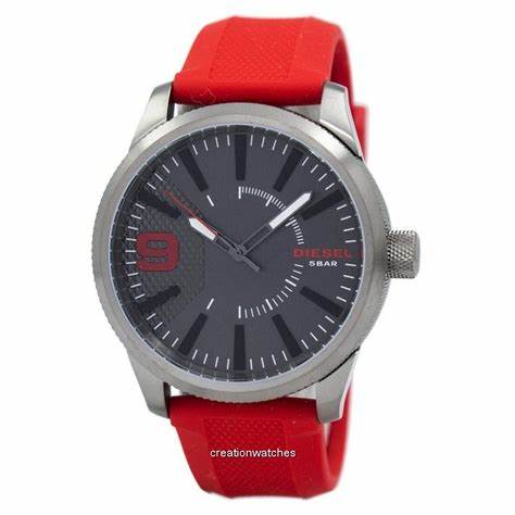 Diesel Rasp DZ1806 Herrenuhr - Graues Zifferblatt, Rotes Silikonarmband